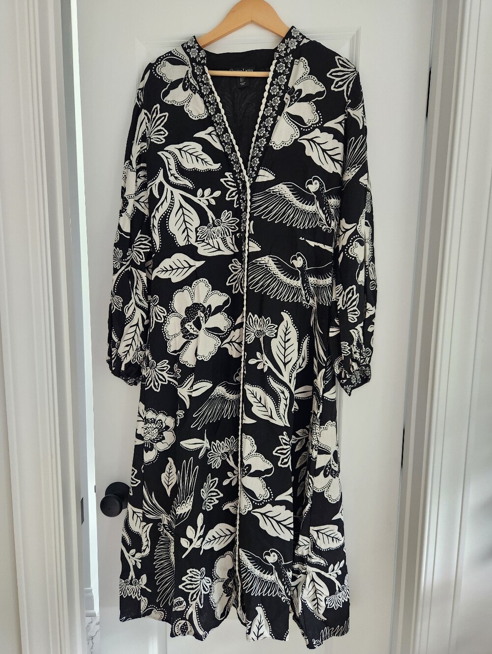 Christian Lacroix Black/White Bird Botanical Long Sleeve Linen Blend Midi Dress